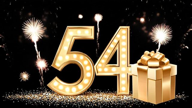 Golden 54th Celebration: Elegant Birthday, Anniversary, or Milestone Event with Marquee Numbers, Gift, Fireworks, and Glitter on Black