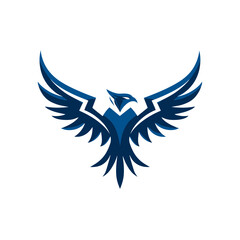 Obraz premium Stylized blue bird logo with outstretched wings, a powerful vector graphic symbol of an eagle or phoenix, ideal for modern design and branding.