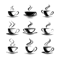 Obraz premium Collection of black and white hot coffee and tea cups with steam rising, elegant vector illustrations for cafe logos and icons.