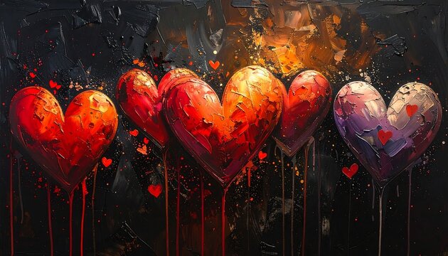 An abstract painting featuring five large, textured hearts in vibrant reds and oranges against a dark, speckled background. Small hearts float around