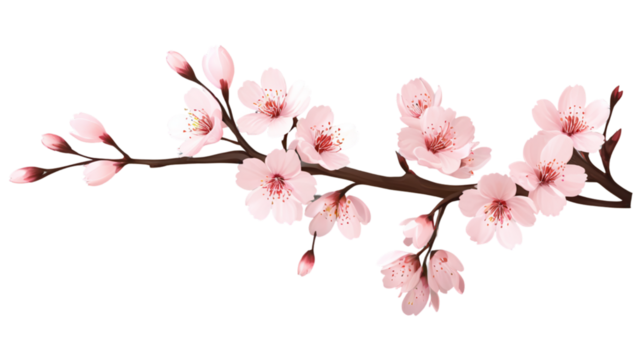 Realistic pink cherry blossom branch with multiple flowers, transparent background PNG - Powered by Adobe