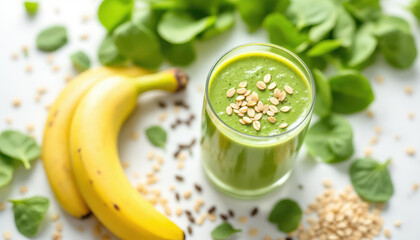 Fresh Green Smoothie with Bananas and Spinach on a Bright Surface
