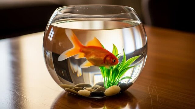 Round glass bowl aquarium with orange fish and green plants