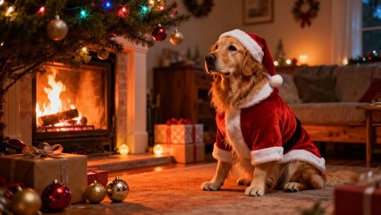 벽난로옆에앉은강아지의따뜻한크리스마스