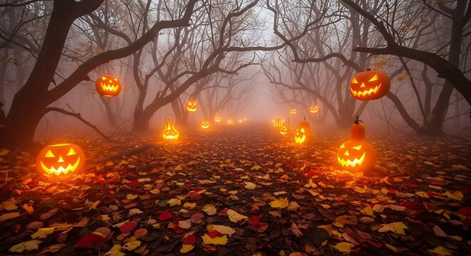 A foggy forest path at dusk, illuminated by glowing jack-o'-lanterns hanging from gnarled trees and scattered on the ground