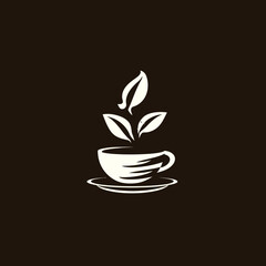 Elegant graphic of a teacup with fresh green leaves growing from it. Organic herbal beverage concept icon, healthy natural drink logo.