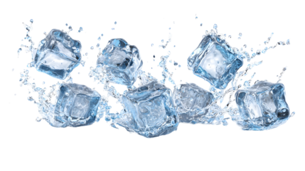Falling ice cubes with splashing crystal clear water for refreshment concept design