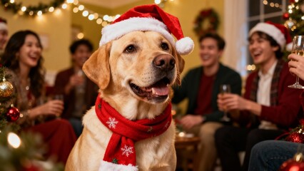 크리스마스의상입은강아지와즐거운연말모임