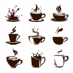 Obraz premium Set of diverse hot coffee cup illustrations with steam and splash effects. Espresso, cappuccino, and latte silhouettes for cafe design.