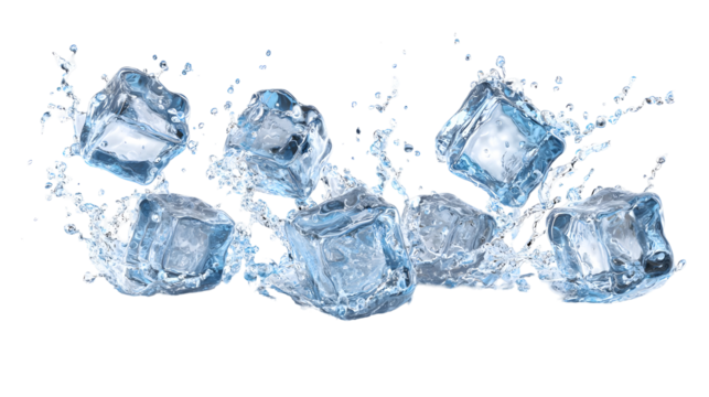 Falling ice cubes with splashing crystal clear water for refreshment concept design