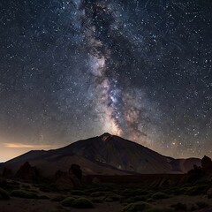 A majestic mountain silhouette against a vibrant, star-studded sky, showcasing the galactic core's ethereal glow