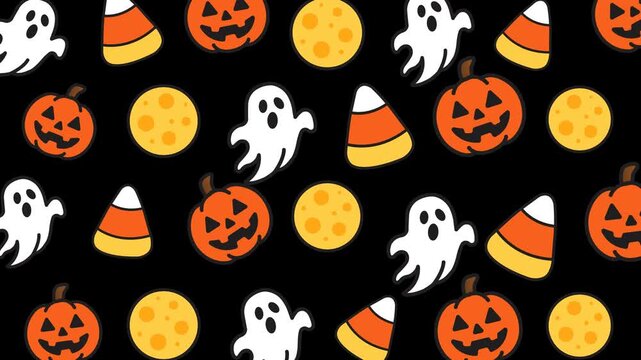 Halloween pattern with ghosts, pumpkins, moons, candy corn on black. Perfect for festive backgrounds, greeting cards, or party decorations.