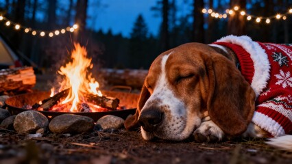 모닥불옆에서잠든크리스마스의상입은바셋하운드강아지