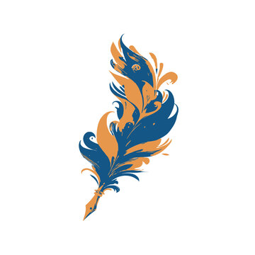 Artistic Blue and Orange Quill Pen Illustration. Vintage Style Feather Writing Tool Graphic Design Element for Creativity and Storytelling