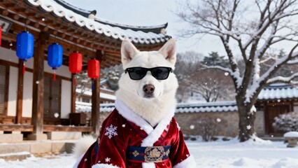 한복입은흰색진돗개와눈내린전통한옥의크리스마스풍경