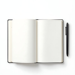 Open notebook with blank pages and pen on white background  