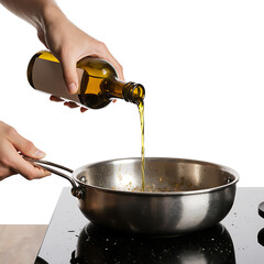 Person pouring olive oil from bottle into stainless steel pan while cooking  