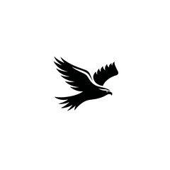 Obraz premium Majestic black silhouette of a powerful flying eagle or hawk, symbolizing freedom and strength. Clean vector graphic design.