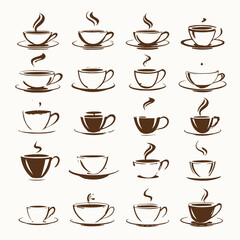 Obraz premium Collection of steaming hot coffee and tea cups with saucers, vector style icons for cafe, restaurant, menu, and beverage designs.