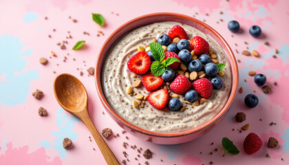 Fresh Yogurt Bowl with Berries and Nuts on Colorful Background