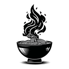 Stylized black and white vector illustration of hot noodles in a bowl with cosmic flames rising. Asian food art.