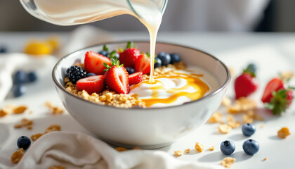 Fresh Yogurt Bowl with Strawberries and Blueberries in Natural Light