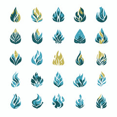 Abstract Stylized Flame Icons Collection. Various Modern Fire Symbols in Blue, Green, and Golden Hues. Decorative Vector Elements.