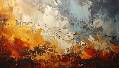An abstract painting featuring textured brushstrokes. Warm hues blend with cool tones to create a dramatic, textured composition. Depth and dimension are achieved through the layering of colors
