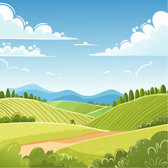 Obraz premium abstract Summer Hilly Landscape With Meadows Plants, Blue Sky And Clouds, vector illustration