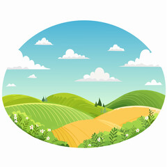 Obraz premium abstract Summer Hilly Landscape With Meadows Plants, Blue Sky And Clouds, vector illustration