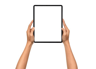 Close-up of hands holding a modern tablet with blank screen isolated on transparent PNG.	