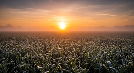 A hazy dawn paints the sky with warm hues as the sun peeks over a frost-kissed field, creating a serene, natural panorama