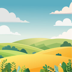 Obraz premium abstract Summer Hilly Landscape With Meadows Plants, Blue Sky And Clouds, vector illustration