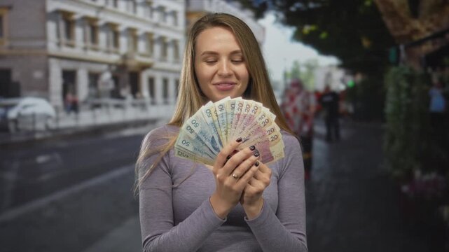 Woman holding polish zloty banknotes on a city street outdoors smiling happily