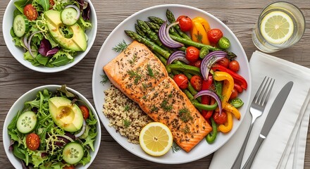 A healthy, colorful meal featuring baked salmon, asparagus, quinoa, and vegetables with side salads