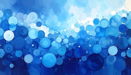 Abstract artwork of layered, rounded shapes in shades of blue, from light to deep indigo. Watercolor effect