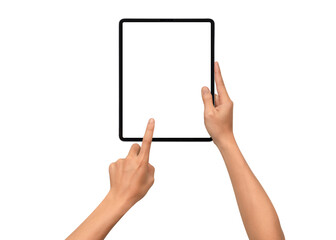 Close-up of hands holding a modern tablet with blank screen isolated on transparent PNG.	