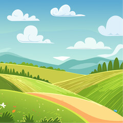 abstract Summer Hilly Landscape With Meadows Plants, Blue Sky And Clouds, vector illustration