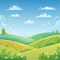 Obraz premium abstract Summer Hilly Landscape With Meadows Plants, Blue Sky And Clouds, vector illustration