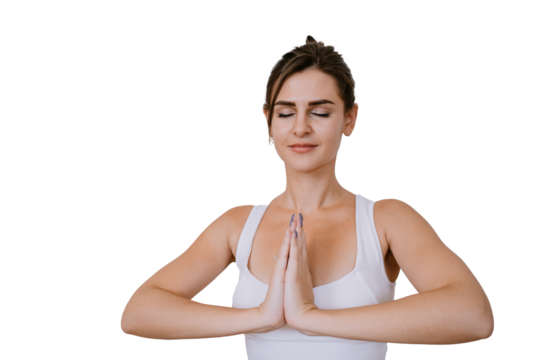 Beautiful brunette American girl in sportswear meditating with hands in prayer gesture on transparent background.