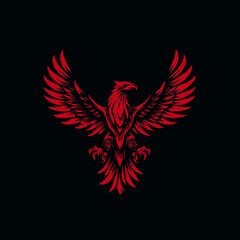Fototapeta premium Majestic red eagle or phoenix with spread wings on black background, symbolizing strength, freedom, and triumph. Powerful mythical bird.