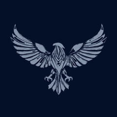 Fototapeta premium Powerful stylized eagle illustration with majestic wings spread, a soaring bird of prey emblem on a dark blue background.
