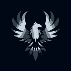 Abstract Phoenix or Eagle Bird Logo Illustration. Majestic Grayscale Graphic Design with Spread Wings, Symbolizing Power, Freedom, Rebirth.