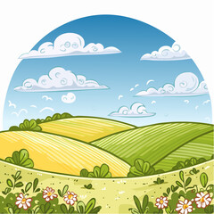 Obraz premium abstract Summer Hilly Landscape With Meadows Plants, Blue Sky And Clouds, vector illustration