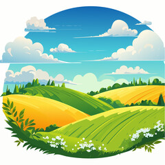 Obraz premium abstract Summer Hilly Landscape With Meadows Plants, Blue Sky And Clouds, vector illustration