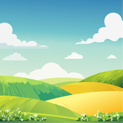 Fototapeta premium abstract Summer Hilly Landscape With Meadows Plants, Blue Sky And Clouds, vector illustration