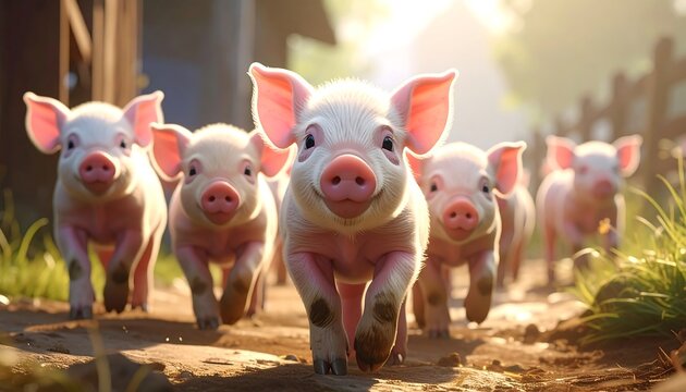 Adorable piglets run joyfully towards the viewer on a sunlit path, emanating a cheerful and playful atmosphere