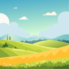 Obraz premium abstract Summer Hilly Landscape With Meadows Plants, Blue Sky And Clouds, vector illustration