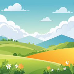 Obraz premium abstract Summer Hilly Landscape With Meadows Plants, Blue Sky And Clouds, vector illustration