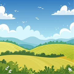 Obraz premium abstract Summer Hilly Landscape With Meadows Plants, Blue Sky And Clouds, vector illustration